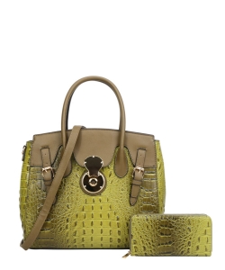 2in1 Crocodile Accented Satchel Handbag With Wallet CY-8921W OLIVE /